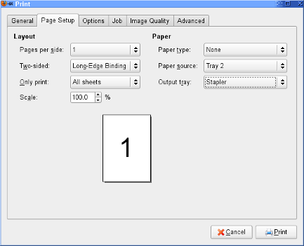 printer dialog, staple option selected