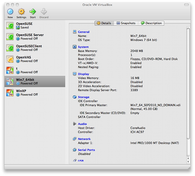 VirtualBox Main Screen